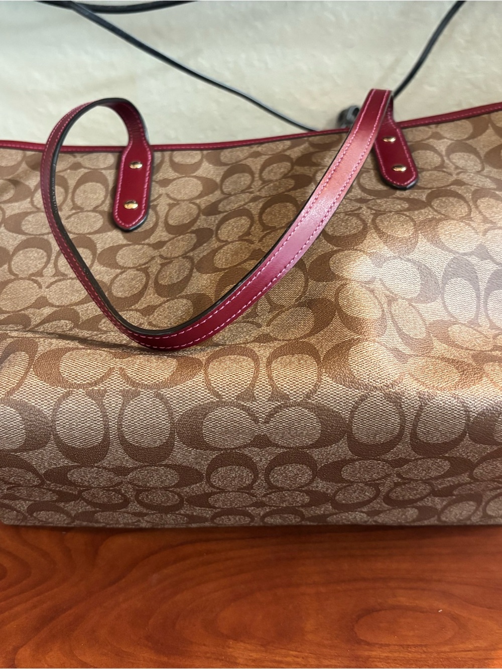 Coach Brown Signature Canvas Tote with Burgundy Trim - Picture 4 of 4